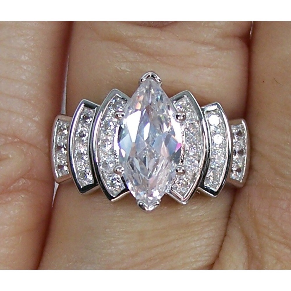 925 STERLING SILVER Marquise Cubic Zirconia Stair Step Tier Ring - Picture 13 of 16